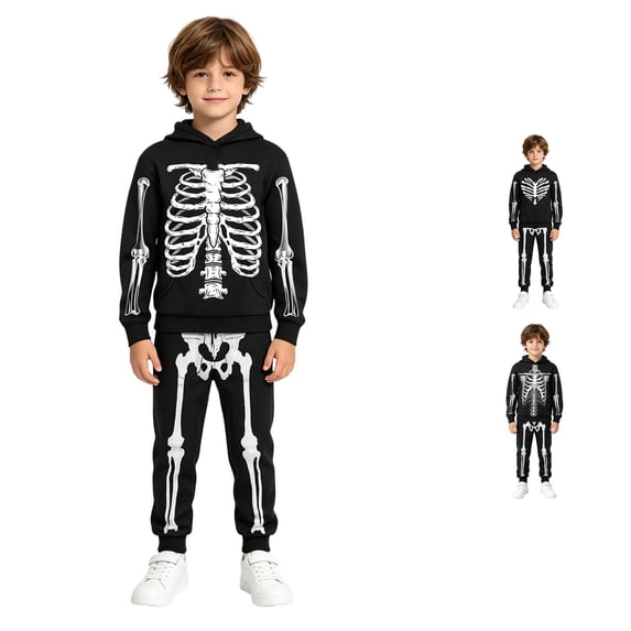 REDARER Kids Skeleton Print Hoodie Jogger Pants 2 Piece Outfit Halloween Cosplay Tracksuit for Trick or Treat Daily Wear Party,7-8 Years