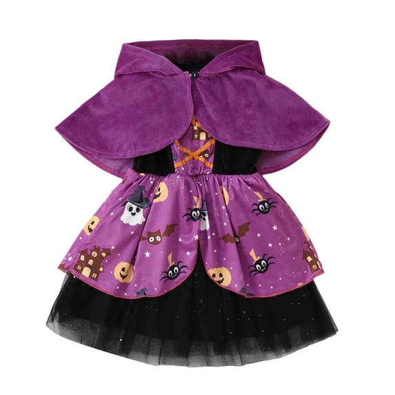 REDARER Kids Sleeveless Tulle Tutu Dress with Matching Hooded Cape Set Cartoon Ghost Pumpkin Bat Print Witch Outfit for Halloween Cosplay Trick or Treat Party Dress Up,12-18 Months