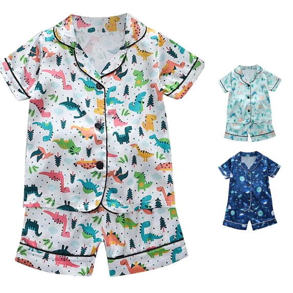 REDARER Kids Space Rocket Print Satin PJs Lapel Short Sleeve Button Top Matching Shorts Soft Silky Summer Boys Sleepwear Outfit Set,18-24 Months