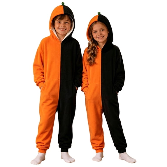 REDARER Kids Split Color Pumpkin Hood Onesie Full Zip with Pockets for Trick or Treat Halloween Party Cosplay Casual Loungewear Pajama Outfit,5-6 Years