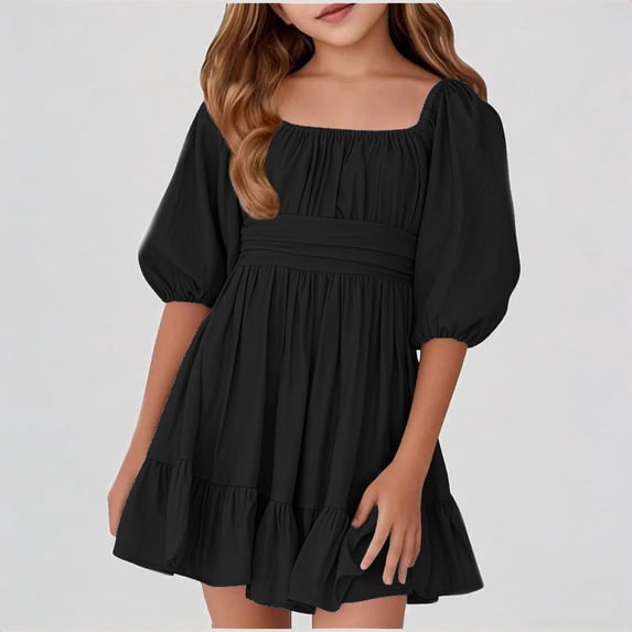 REDARER Kids Square Neck Puff Sleeve Ruffle Hem Dress Casual Summer Playwear Party Outfit,11-12 Years