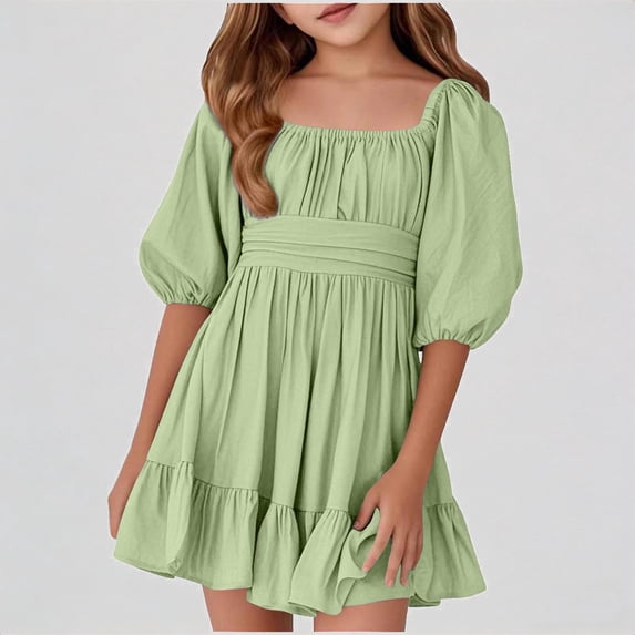 REDARER Kids Square Neck Puff Sleeve Ruffle Hem Dress Casual Summer Playwear Party Outfit,13-14 Years