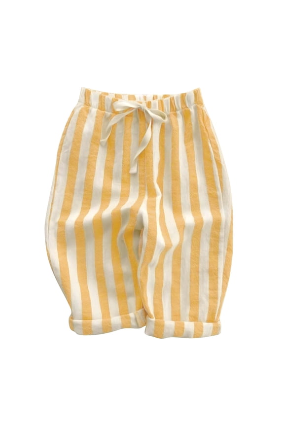 Kids Striped Linen Blend Pants Elastic Waist Drawstring Casual Rolled Everyday Playwear,6-12 Months