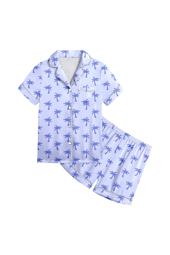 Kids Tree Print Satin Pajama Set Short Sleeve Button-Down Sleepwear,9-10 Years