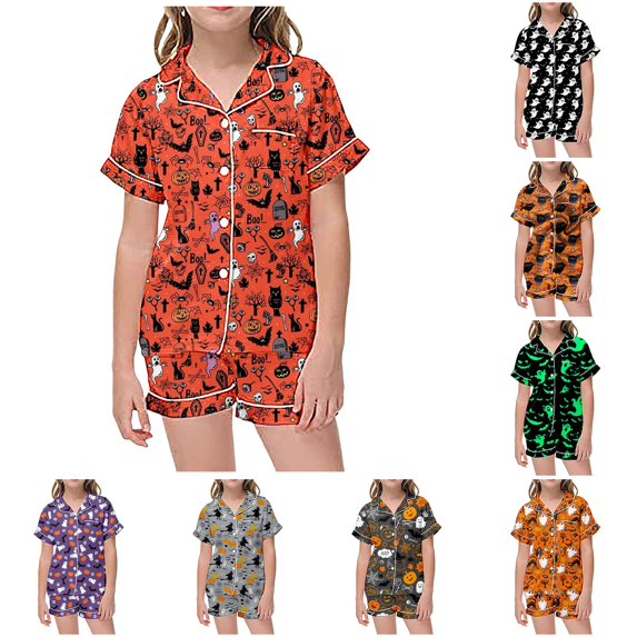 REDARER Kids Two Piece Button Front Sleepwear Set Lapel Short Sleeve Top Matching Shorts All Over Ghost Print Soft Pocket PJs for Halloween Loungewear Night Dress Up,6-7 Years
