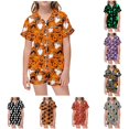 thumbnail image 1 of REDARER Kids Two Piece Button Front Sleepwear Set Lapel Short Sleeve Top Matching Shorts All Over Ghost Print Soft Pocket PJs for Halloween Loungewear Night Dress Up,2-3 Years, 1 of 4