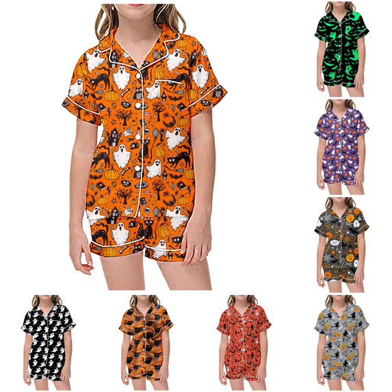 REDARER Kids Two Piece Button Front Sleepwear Set Lapel Short Sleeve Top Matching Shorts All Over Ghost Print Soft Pocket PJs for Halloween Loungewear Night Dress Up,2-3 Years