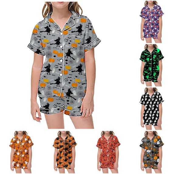 REDARER Kids Two Piece Button Front Sleepwear Set Lapel Short Sleeve Top Matching Shorts All Over Ghost Print Soft Pocket PJs for Halloween Loungewear Night Dress Up,10-11 Years