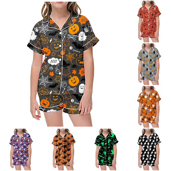 REDARER Kids Two Piece Button Front Sleepwear Set Lapel Short Sleeve Top Matching Shorts All Over Ghost Print Soft Pocket PJs for Halloween Loungewear Night Dress Up,12-13 Years