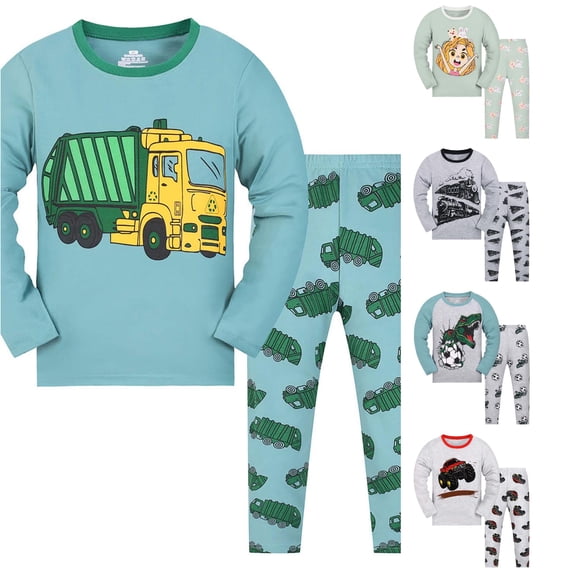 REDARER Kids Two Piece Pajama Set Long Sleeve Crew Neck Top Matching Pants Cartoon Garbage Truck Print Soft Casual Loungewear Outfit for Toddler Boys Girls Night Sleep Wear,4-5 Years