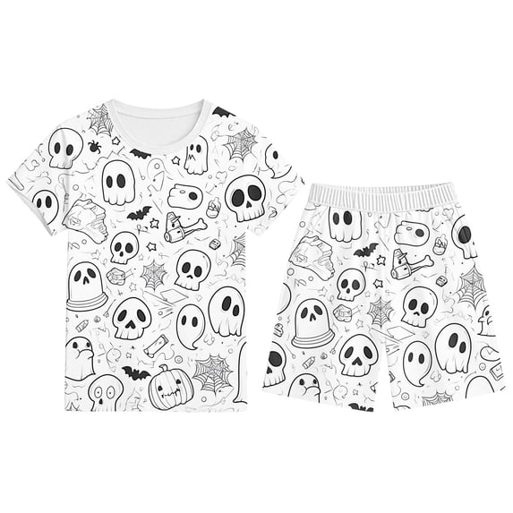 REDARER Kids Two Piece Pajama Set Round Neck Short Sleeve Tee Elastic Waist Shorts Ghost Bat Cat Print Soft Loungewear Sleepwear for Halloween Daily Night Outfit,2-3 Years