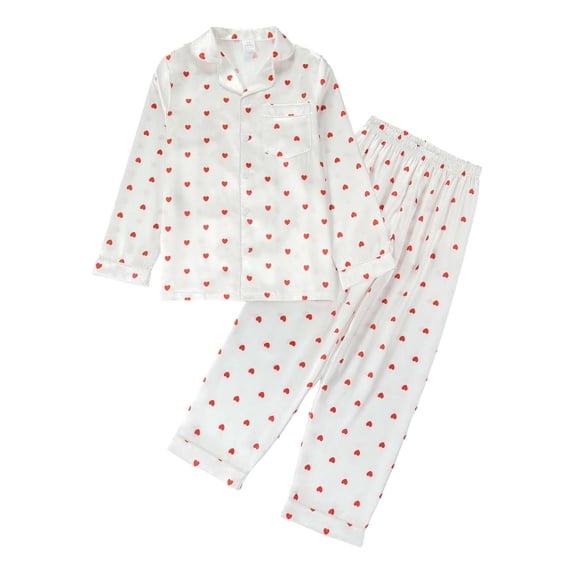 REDARER Kids Two Piece Satin Pajama Set Lapel Long Sleeve Top with Chest Pocket Elastic Waist Matching Pants Heart Print Smooth Cool Casual Loungewear for Boys Girls,9-10 Years