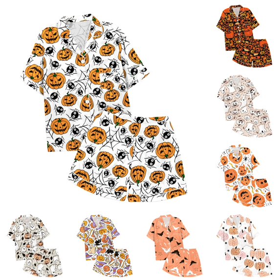 REDARER Kids Two Piece Sleepwear Set Lapel Button Short Sleeve Shirt Matching Shorts All Over Pumpkin Print Soft Casual Pocket PJs for Halloween Daily Loungewear Night Dress Up,2-3 Years