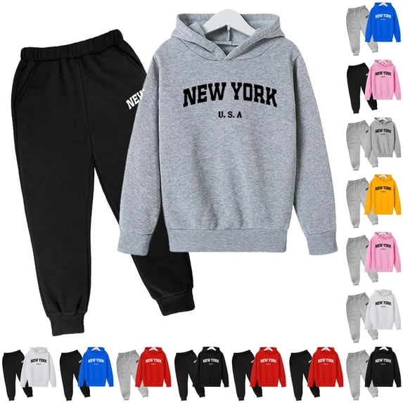 REDARER Kids Two Piece Tracksuit Set Long Sleeve Pullover Hoodie Jogger Sweatpants New York USA Letter Print Soft Casual Unisex Sweatsuit for Boys Girls Daily School Loungewear,3-4 Years