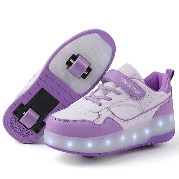 REDARER Kids' Wheeled Light-Up Sneakers - USB Rechargeable Skate Shoes with Thick Non- Sole,Color:Purple,Size:9.5-10 Years