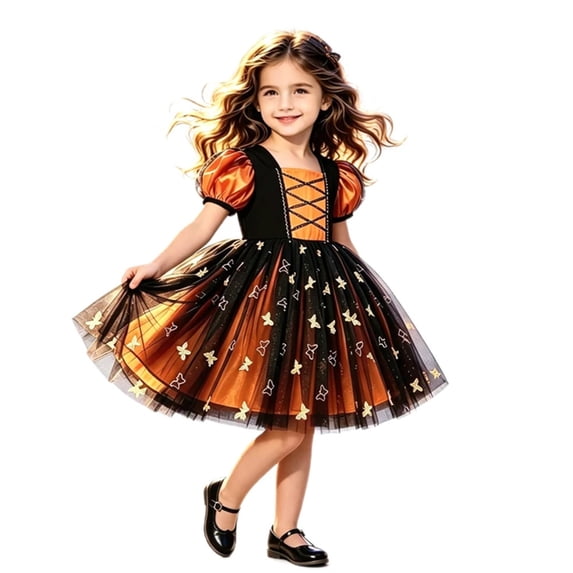 REDARER Kids Witch Cosplay Puff Sleeve Butterfly Tulle Dress Outfit for Halloween Party Fancy Dress Stage Performance,8 Years