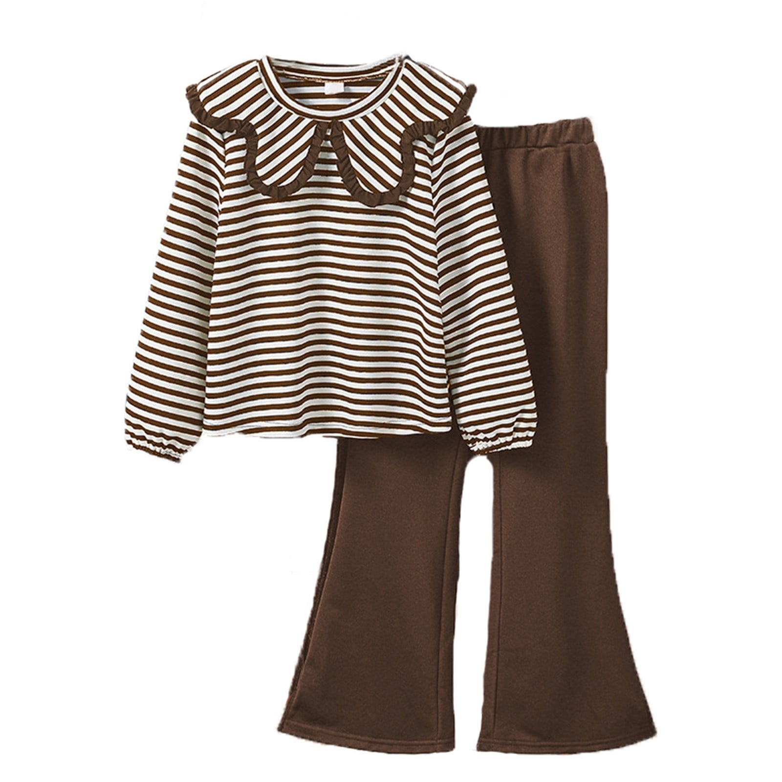 REDARER Long Sleeve Striped Collared Tunic Shirt & Flared Pants Toddler Youth Kid Fall Winter 2-Piece Casual Playwear,11-12 Years