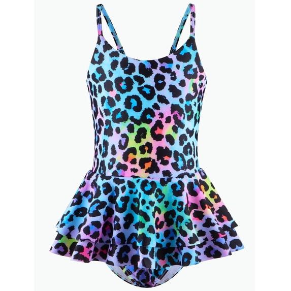 REDARER Rainbow Leopard Print Tiered Ruffle One Piece Swimsuit, Cute Bathing Suit for Girls Kids Summer Beach,5-6 Years