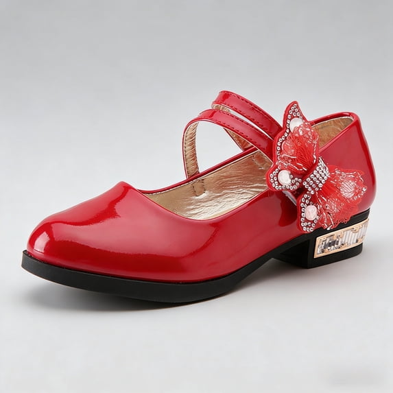 REDARER Rhinestone Bow Double Strap Performance Dance Leather Dress Shoes, Round Toe Low Block Heel, (Girls'),10.5-11 Years