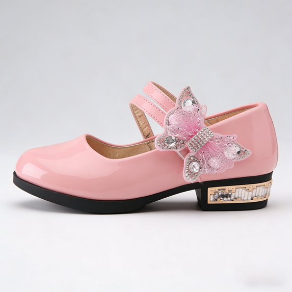 REDARER Rhinestone Bow Double Strap Performance Dance Leather Dress Shoes, Round Toe Low Block Heel, (Girls'),5-5.5 Years