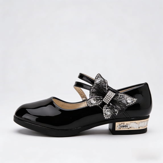 REDARER Rhinestone Bow Double Strap Performance Dance Leather Dress Shoes, Round Toe Low Block Heel, (Girls'),7-8 Years