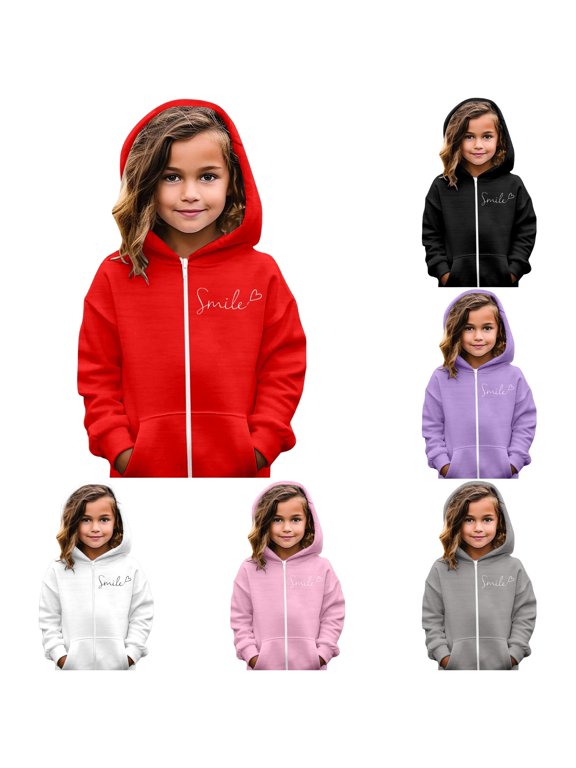 Smile Script Heart Lettering Print Soft Zip Up Girls Hooded Jacket for Spring Autumn School Daily Outdoor Casual Outerwear,3-4 Years