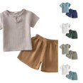 thumbnail image 1 of REDARER Solid Color Crinkle Cotton Henley Short Sleeve Top Elastic Shorts Kids Breathable Summer Two Piece Casual Set, 1 of 4