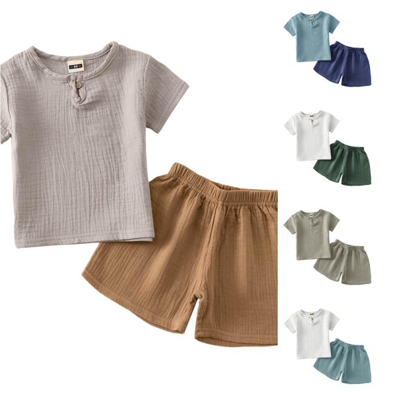REDARER Solid Color Crinkle Cotton Henley Short Sleeve Top Elastic Shorts Kids Breathable Summer Two Piece Casual Set