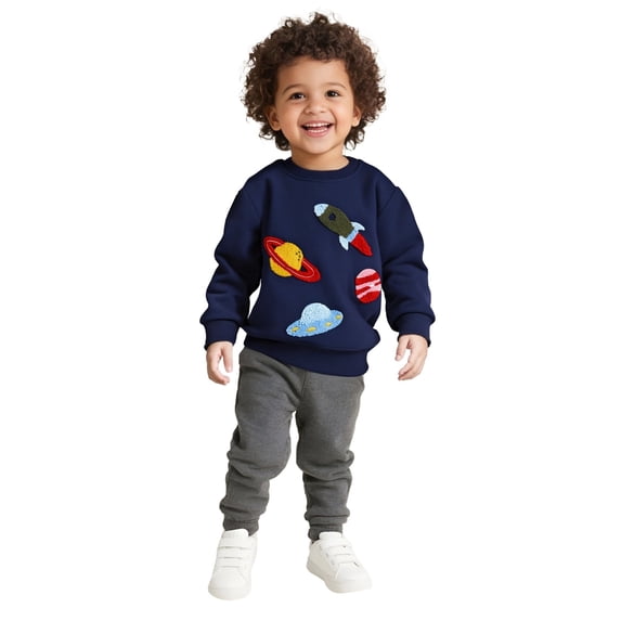 REDARER Space Rocket Planet Embroidery Soft Blend Boys Crew Pullover for Spring Autumn School Daily Play Cute Casual Comfort Tops,3-4 Years