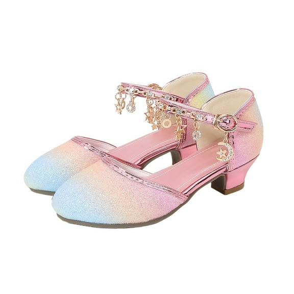 REDARER Sparkly Girls Sandals with Point Toe Glitter Dress Shoes for Princess Party Wear Rainbow Decor Low Heel,Size:7-8 Years
