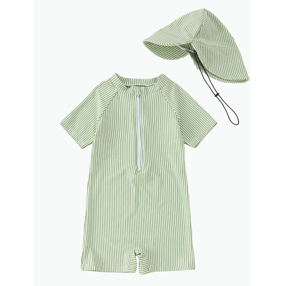 REDARER Stripe Half Zip Short Sleeve Rash Guard & Sun Hat Set (Toddler Boys) 2-Piece,6-12 Months