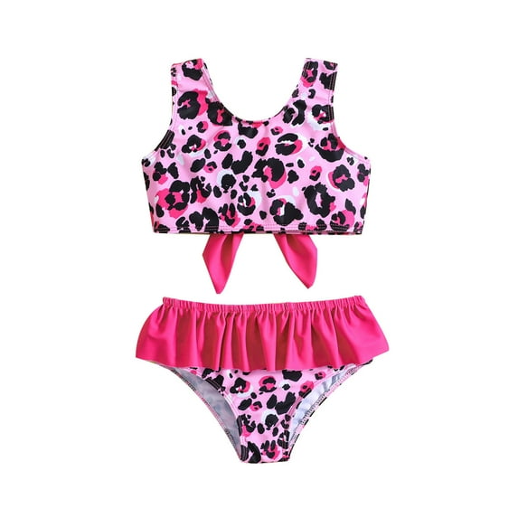 REDARER Summer Girls Bowknot Leopard Printed Ruffles Two Piece Swimwear Swimsuit Bikini,Girls Swimsuit,5-6 Years
