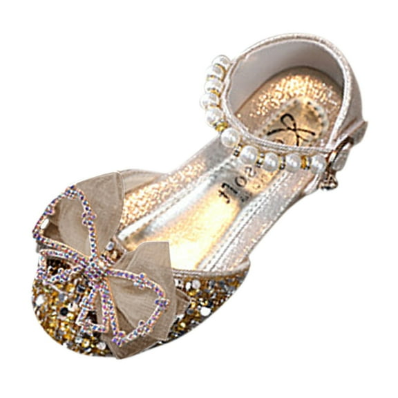 REDARER Summer Girls Sandals Dress Performance Dance Shoes Flat Light Sequins Pearl Mesh Bow Buckle,2-2.5 Years