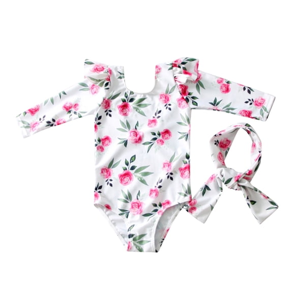 REDARER Summer Long Sleeve Girls Floral Prints Two Piece Swimwear Swimsuit Bikini Headband Set,Girls Swimsuit,18-24 Months