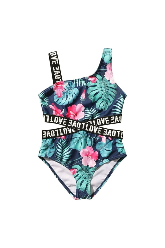 Summer Sleeveless Girls Floral Prints Swimwear Beach Onesie Swimsuit Bikini,Girls Swimsuit,9-10 Years