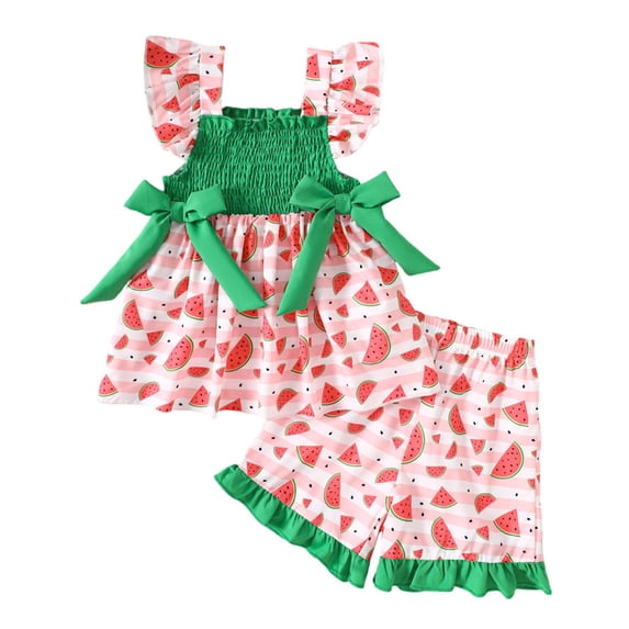 REDARER Summer Toddler Girls Fly Sleeve Watermelon Prints Vest T Shirt Tops Ruffles Shorts Outfits,18-24 Months
