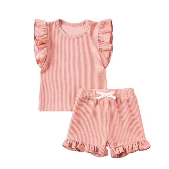 REDARER Summer Toddler Girls Ruffles Fly Sleeve T Shirt Ribbed Tops Shorts Outfits,12-18 Months