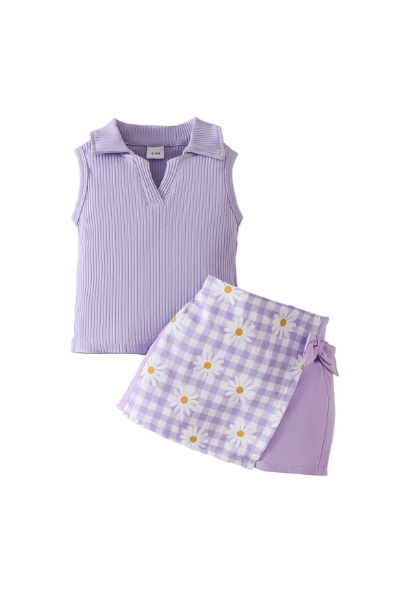 Summer Toddler Girls Sleeveless Ribbed Vest T Shirt Tops Floral Plaid Shorts Outfits,18-24 Months