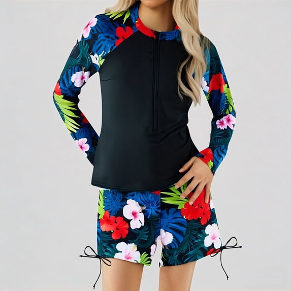 REDARER Girls 2-Piece Long Sleeve Swim Set â Tropical Floral Print, Half-Zip Neck, Adjustable Shorts for Beach Pool Summer Swimming,11-12 Years