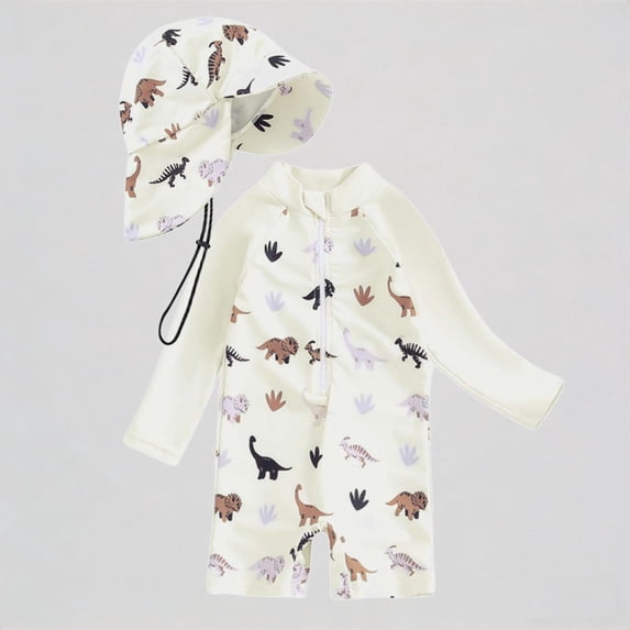 REDARER Toddler Boys' 2-Piece Swim Set – Whale Print Long-Sleeve Rash Guard Romper + Neck-Flap Swim Hat, UV-Protective Beachwear,0-3 Months