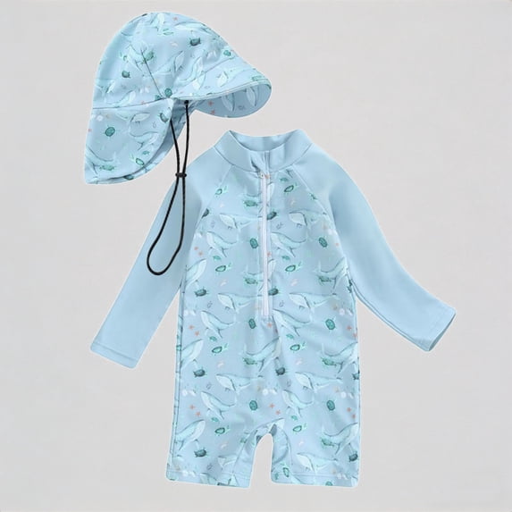 REDARER Toddler Boys' 2-Piece Swim Set – Whale Print Long-Sleeve Rash Guard Romper + Neck-Flap Swim Hat, UV-Protective Beachwear,3-6 Months