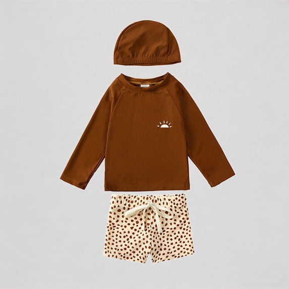 REDARER Toddler Boys' 3-Piece Swim Set – Cream Moon Print Long-Sleeve Rash Guard + Trunks + Matching Swim Cap, UV-Protective Beach Swimwear,4-5 Years
