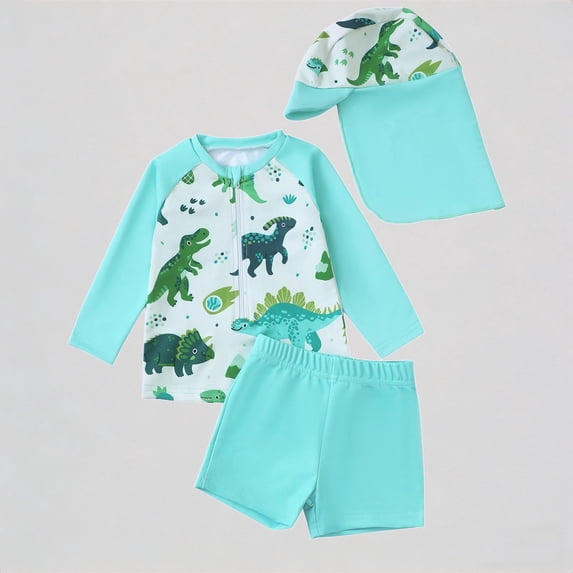 REDARER Toddler Boys 3-Piece Swim Set – Cute Print Long Sleeve Rash Guard, Swim Trunks & Matching Hat, UPF 50+ Sun Protection for Summer Beach Pool Outfit,18-24 Months
