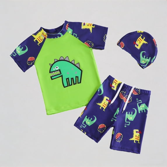 REDARER Toddler Boys' 3-Piece Swim Set – Dinosaur Print Short-Sleeve Rash Guard + Trunks + Matching Swim Cap, Beach Bathing Suit,3-4 Years