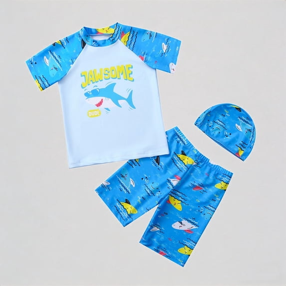 REDARER Toddler Boys' 3-Piece Swim Set – Dinosaur Print Short-Sleeve Rash Guard + Trunks + Matching Swim Cap, Beach Bathing Suit,5-6 Years