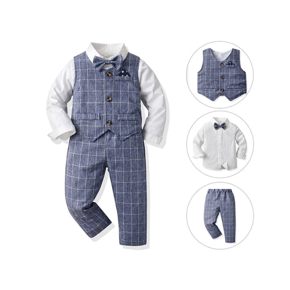 REDARER Toddler Boys 4-Piece Gentleman Outfit, Plaid Long Sleeve Shirt with Vest Pants Tie Set for Occasions & Photoshoots,Size:3-4 Years