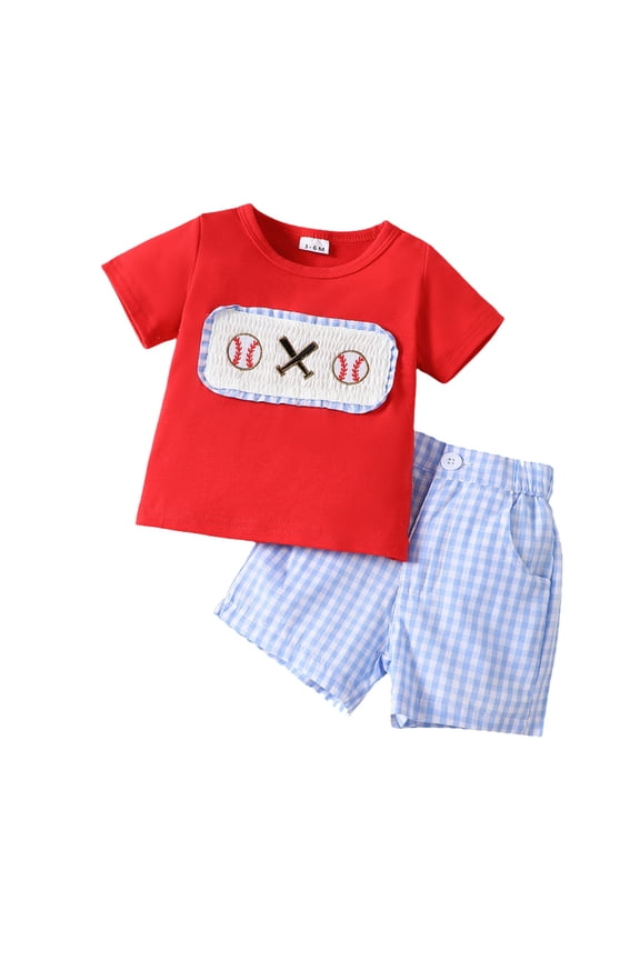Toddler Boys Girls Short Sleeve Cartoon Baseball Prints T Shirt Pullover Tops Plaid Shorts Outfits,2-3 Years