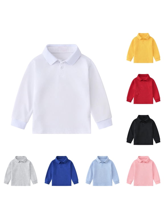 Toddler Boys Long Sleeve Polo Shirt Solid Soft Button Front Kids School Uniform Casual Tops,5-6 Years