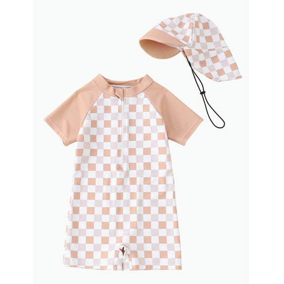 REDARER Toddler Boys One Piece Rash Guard Checkerboard Print UPF 50+ Sun Protective Swimsuit with Hat Summer,0-3 Months