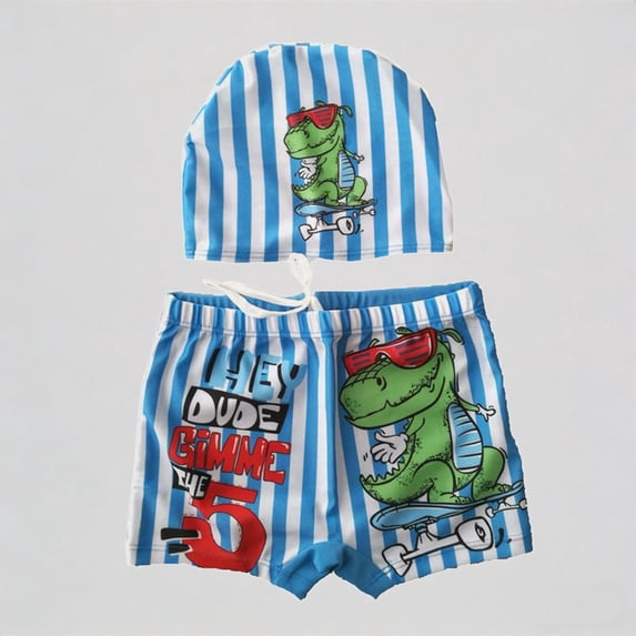 REDARER Toddler Boys' Swim Set – Dinosaur Print Trunks + Matching Swim Cap, Beach Bathing Suit,3-4 Years